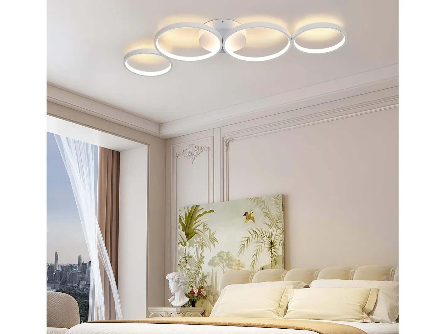 NETTLIFE Lámpara de techo LED de 100 cm regulable con 4 anillos, iluminación blanca moderna de 56 W con control remoto Blanco New