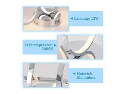 NETTLIFE Plafón-Lámpara de techo LED para dormitorio, diseño moderno, cromada, 12 W, para interior, 3000 K, blanco cálido Plateado