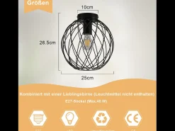 Discount NETTLIFE Lámpara de techo , estilo industrial vintage , para pasillo, E27, 1 bombilla, estilo retro, con jaula metálica. Negro