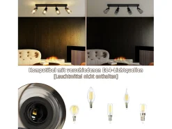 NETTLIFE Lámpara de techo con 4 llamas, color , industrial, E14, para sala de estar Negro