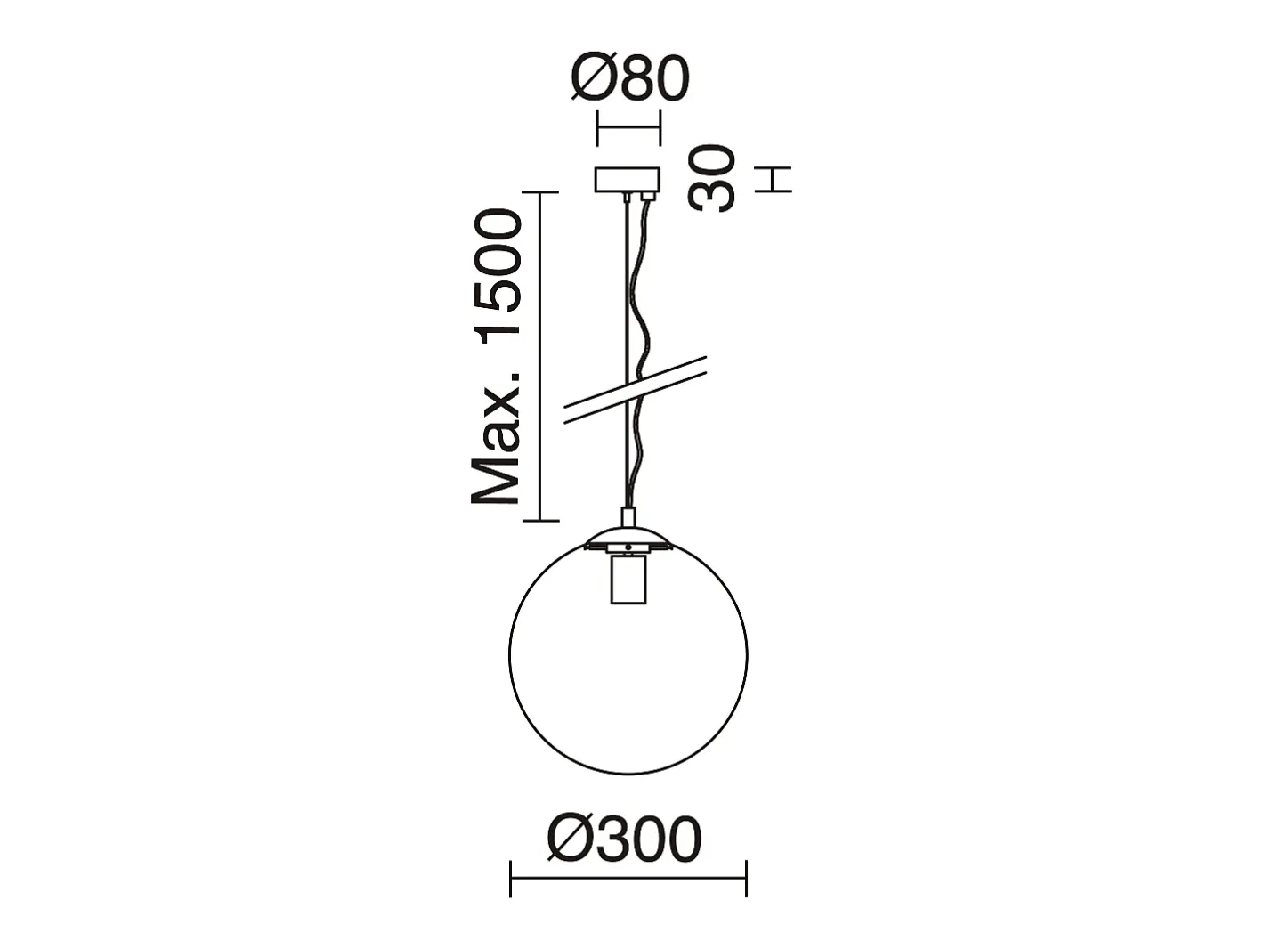 Outlet Lámpara de techo OXY estilo clásico y atemporal - D.ø30 cm x Alt. 150 cm - E27 40W - esfera opal ø30 cm - acero y Negro
