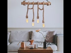 Online Concept-Usine Lámpara rústica colgante de alambre 4 luces cuerdas y madera LOANE - Ambiente cálido y auténtico Marru00f3n