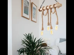 Online Concept-Usine Lámpara rústica colgante de alambre 4 luces cuerdas y madera LOANE - Ambiente cálido y auténtico Marru00f3n