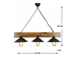 Concept-Usine Lámpara Suspendida-Lámpara rústica de suspensión con 3 luces de madera y negro ENOLA - Diseño elegante para interiores rústicos, industriales o contemporáneos Marru00f3n