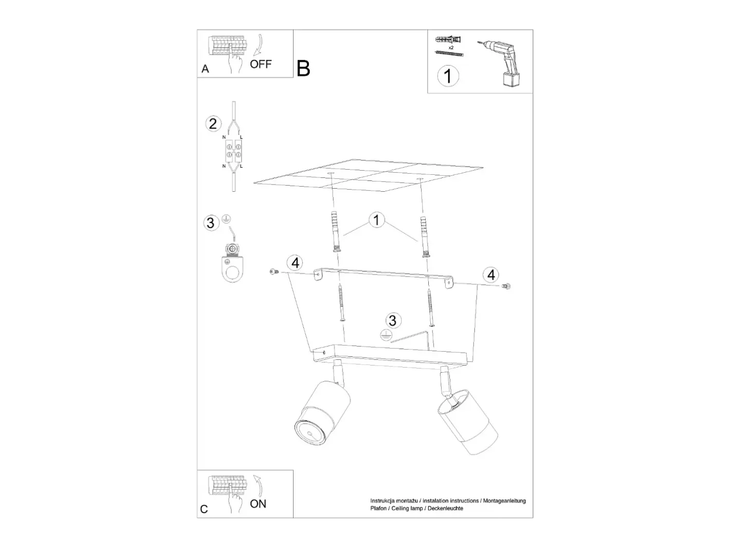 New Sollux Lighting Lámparas de techo Alvor moderno de acero - 2 fuentes luminosas 4000K - L.30 x A.18 cm - /cromo Negro