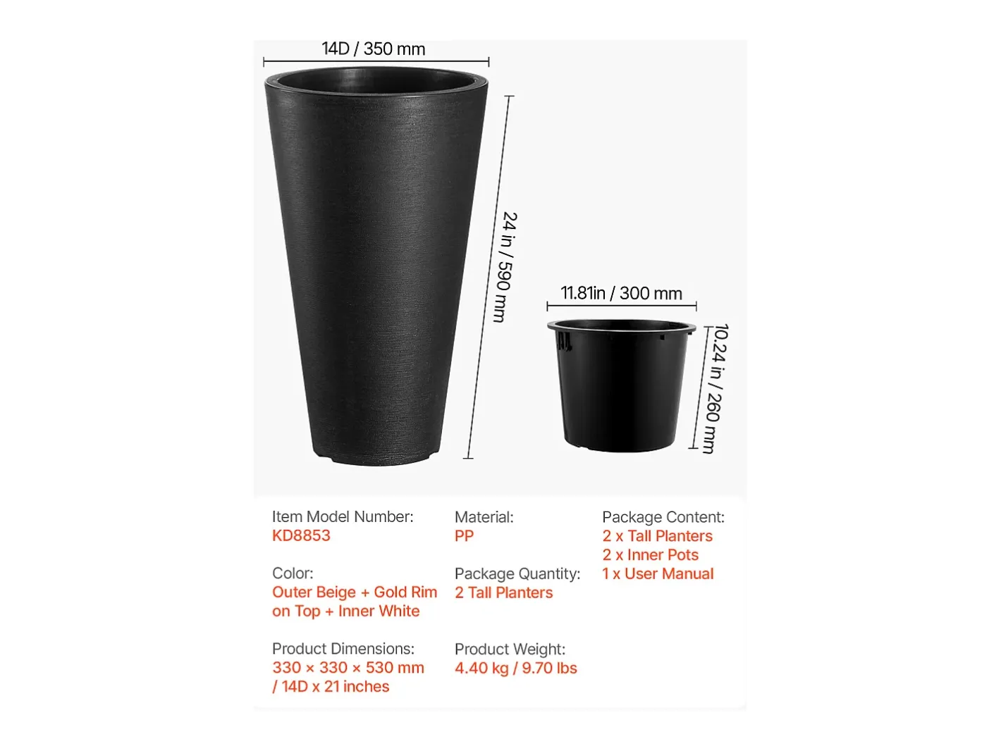 Macetero-Macetas SucceBuy, Juego de 2, Redondas y Cónicas de 61 cm, para Uso en Exteriores e Interiores Negro