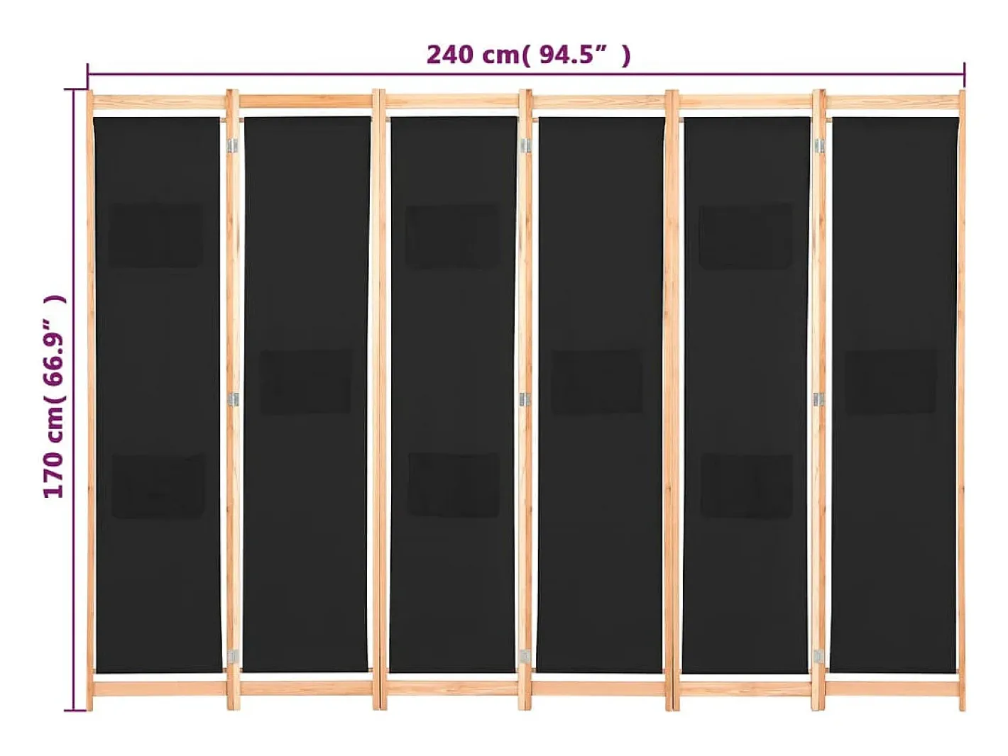 Hot Mampara divisoria de 6 paneles Tela Negra 240 x 170 x 4 cm Negro