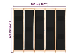 Mampara divisoria de 5 paneles Tela Negra 200 x 170 x 4 cm Negro New