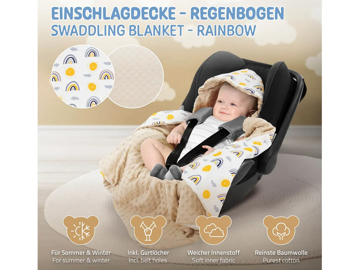 Joyz Ropa De Cama-Manta de algodón con capucha para bebé para asiento de coche o cochecito arcoíris/ Beige