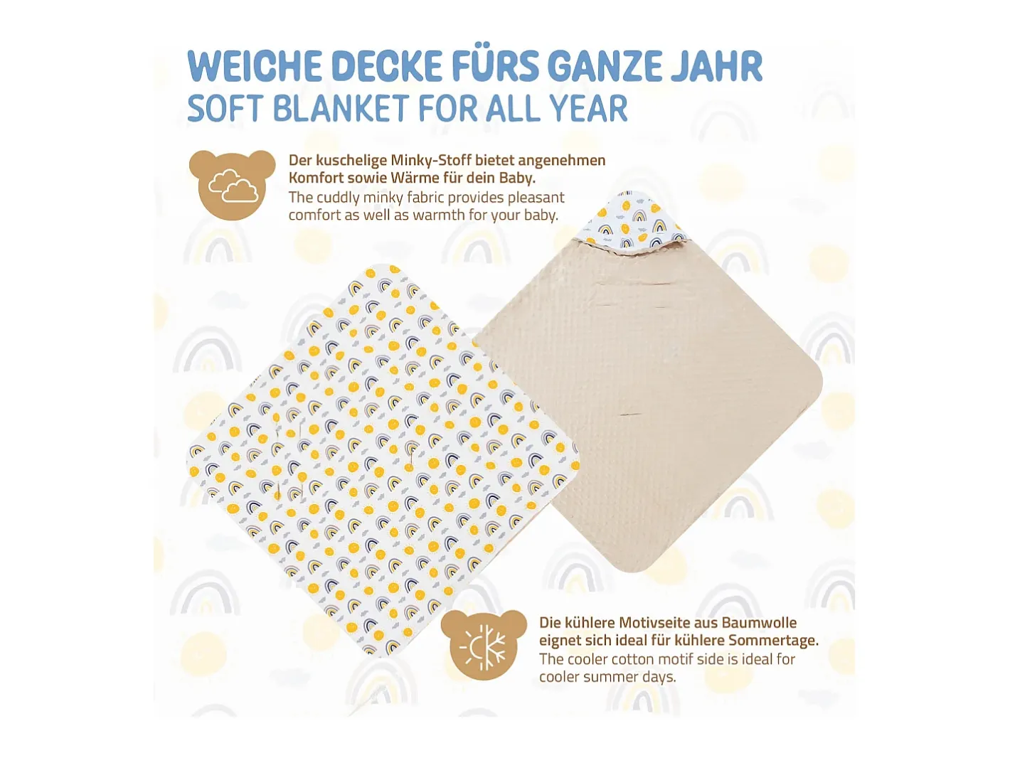 Joyz Ropa De Cama-Manta de algodón con capucha para bebé para asiento de coche o cochecito arcoíris/ Beige