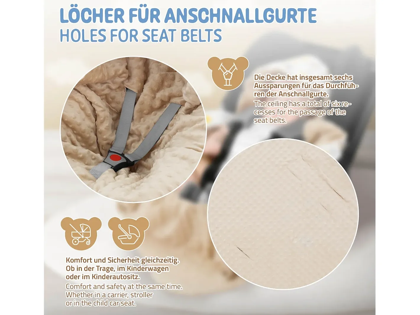 Joyz Ropa De Cama-Manta de algodón con capucha para bebé para asiento de coche o cochecito arcoíris/ Beige