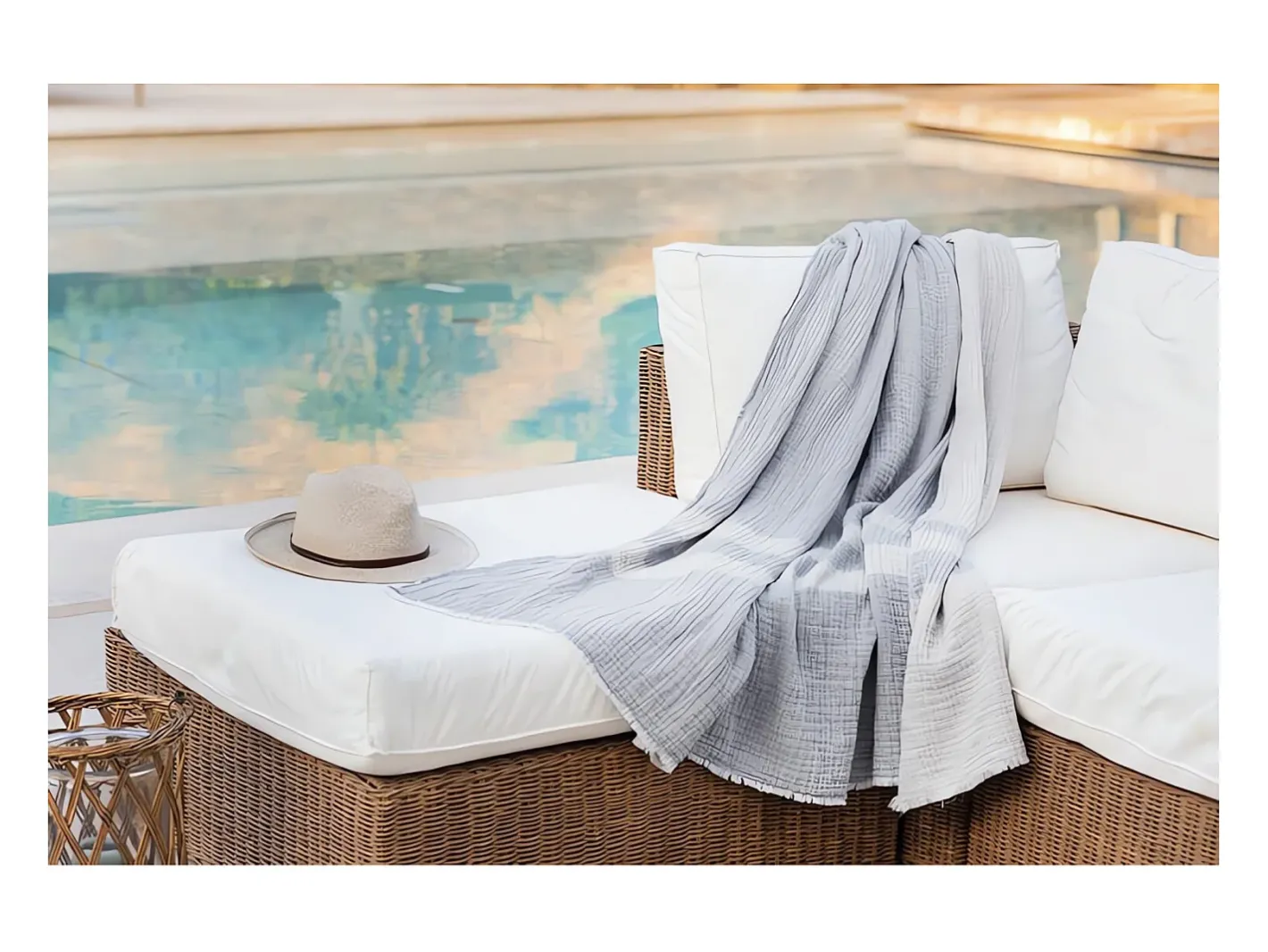 Soleil d'ocre Ropa De Cama-Manta de 150x200 cm en algodón gofre PIENZA natural y azul agua, de Toison d'or Multicolor