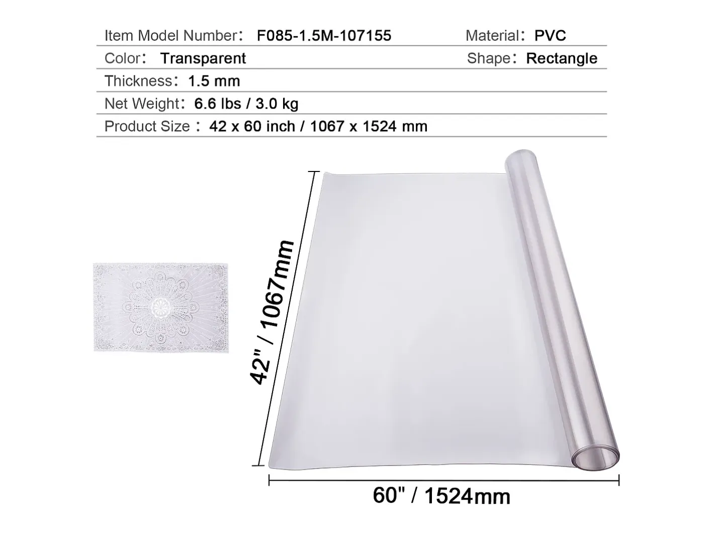 Mantelería-Mantel SucceBuy Protección de Mesa en PVC 107 X 152 CM, Protección de Escritorio Helada de 0.15CM de Grosor Transparente