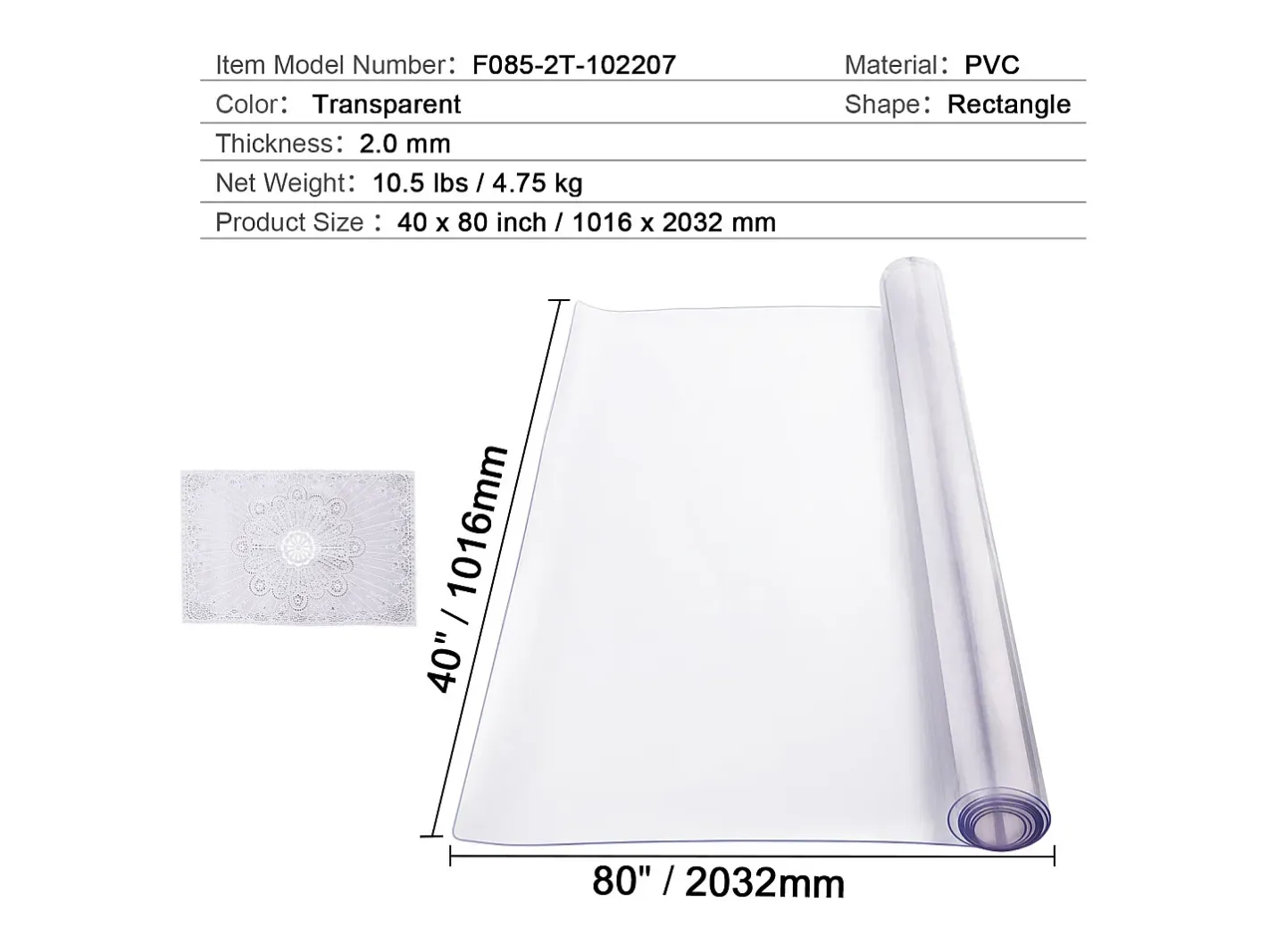 Sale Mantel SucceBuy Protector de Mesa de PVC de 101.6 x 203.2 cm, Cubierta de Escritorio , 2.0 mm de Grosor Transparente