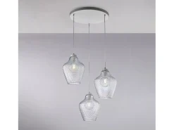 Maya Suspensión en hierro lacado blanco con cables eléctricos orientables y difusores de cristal soplado con decoración gofrada 3 luces Transparente New