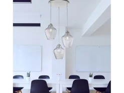Maya Suspensión en hierro lacado blanco con cables eléctricos orientables y difusores de cristal soplado con decoración gofrada 3 luces Transparente New