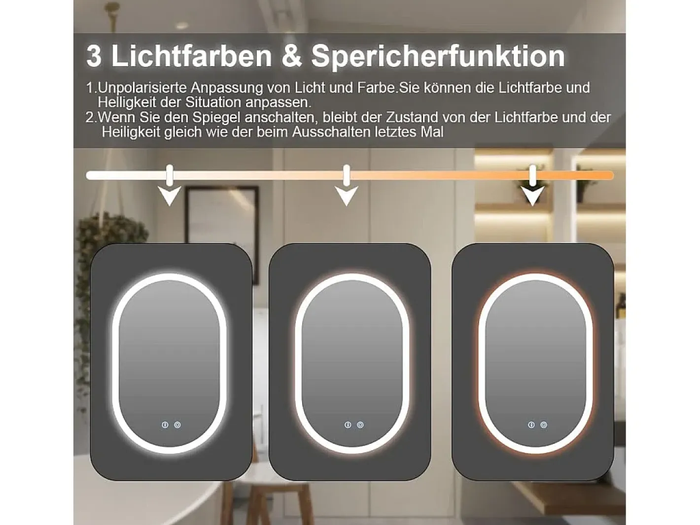 Online DripeX Mirror de baño LED Light 50x70cm, 3 temperaturas de color Montaje de pared, espejo multifunción inteligente Blanco
