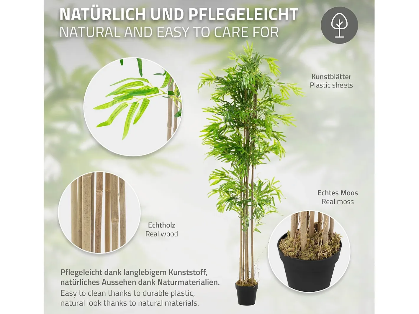 ML-DESIGN Planta Artificial-Bambú artificial 210 cm, Planta artificial grande, Planta artificial con tallo de madera auténtica Verde