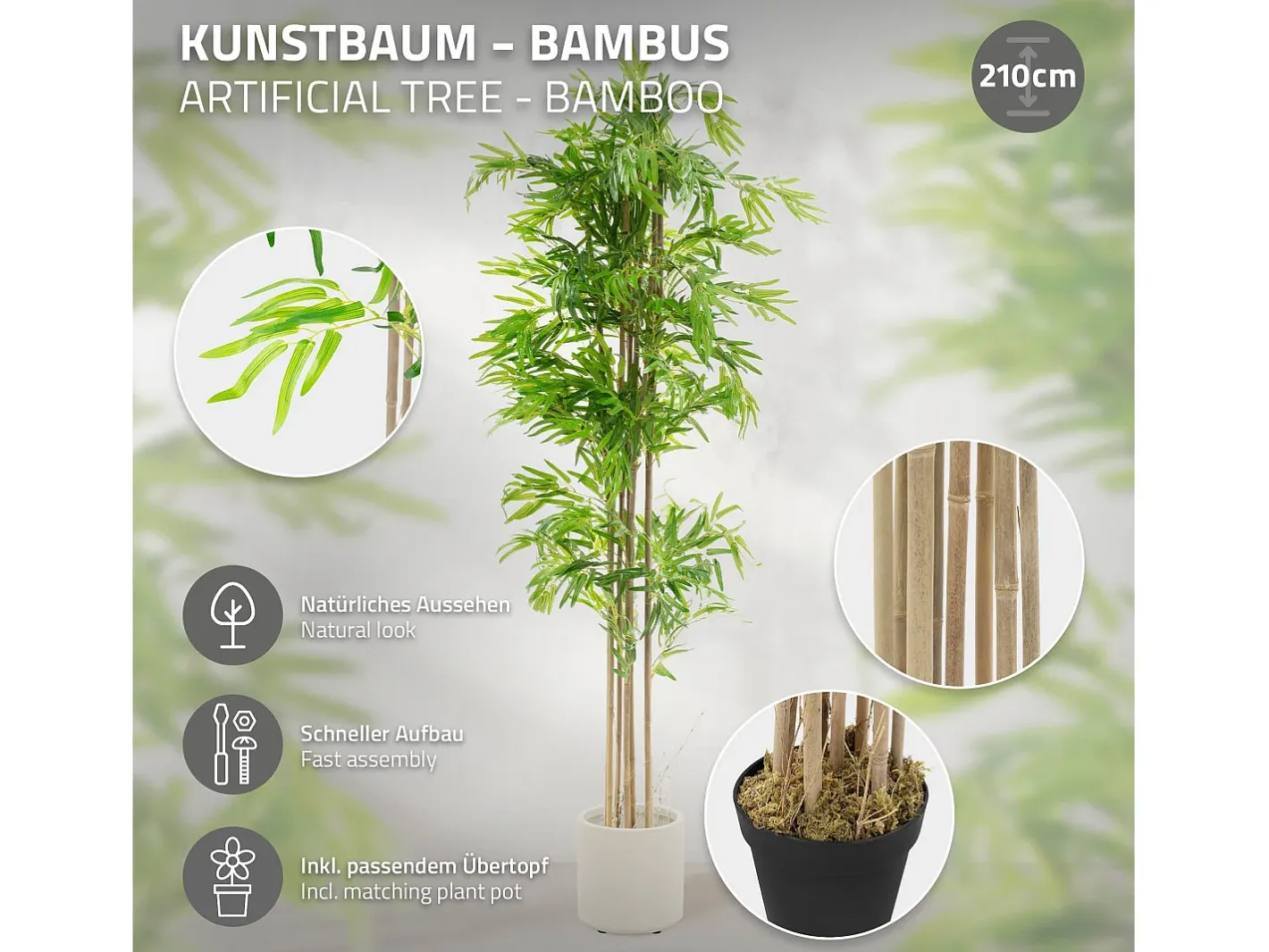 ML-DESIGN Planta Artificial-Bambú artificial 210 cm, Planta artificial grande, Planta artificial con tallo de madera auténtica Verde