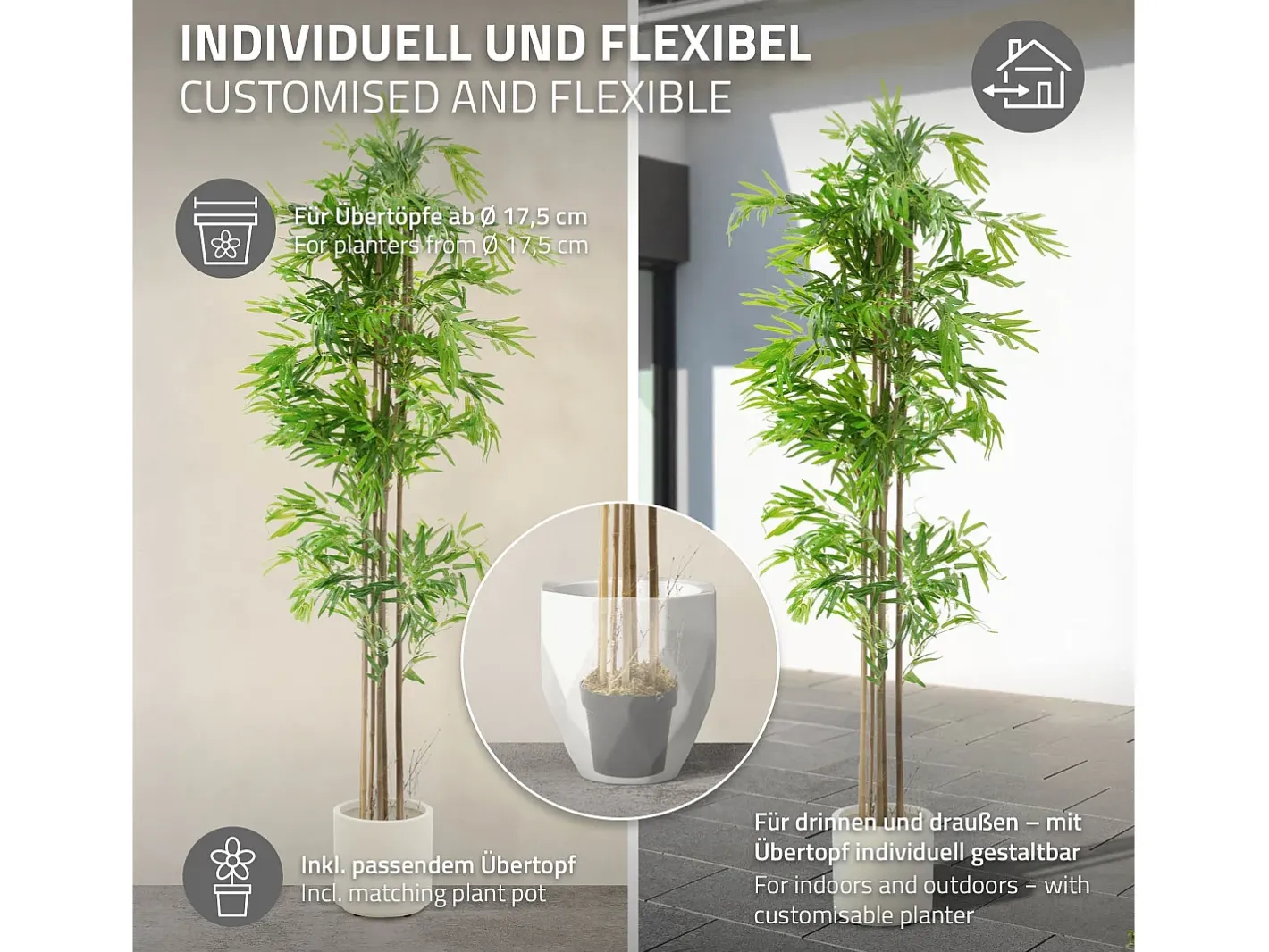 ML-DESIGN Planta Artificial-Bambú artificial 210 cm, Planta artificial grande, Planta artificial con tallo de madera auténtica Verde