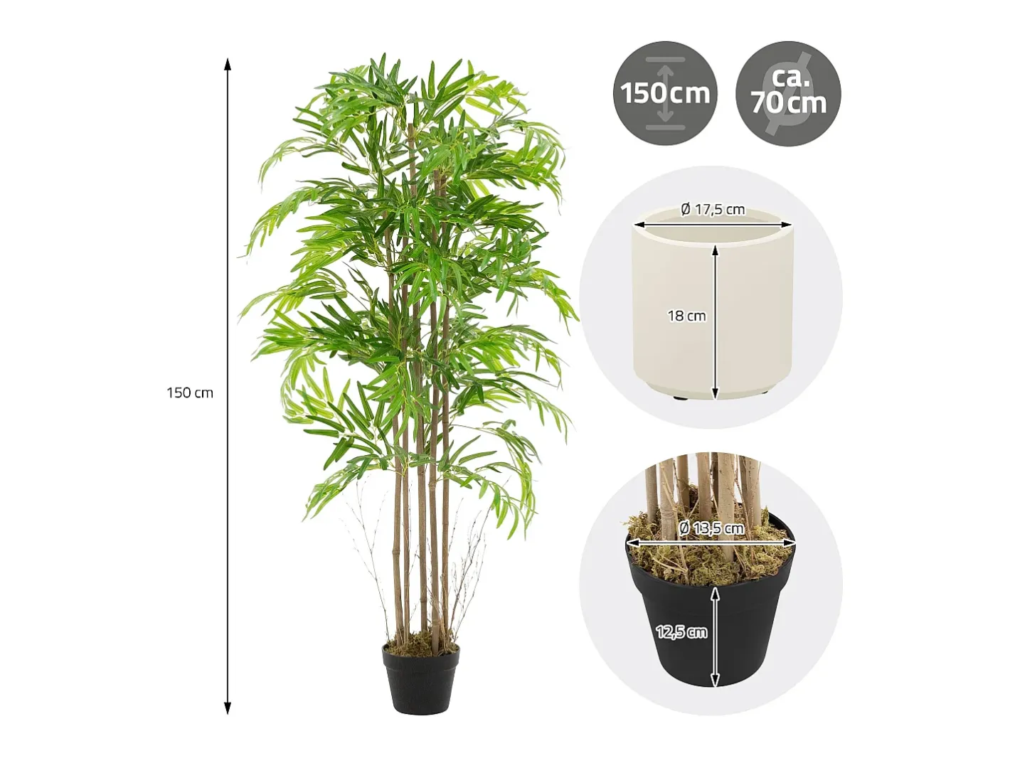 ML-DESIGN Planta Artificial-Bambú artificial 150 cm, Planta artificial grande, Planta artificial con tallo de madera auténtica Verde