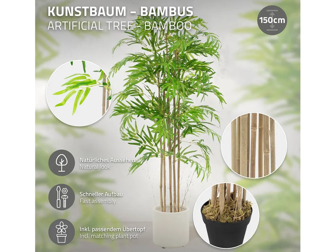 ML-DESIGN Planta Artificial-Bambú artificial 150 cm, Planta artificial grande, Planta artificial con tallo de madera auténtica Verde