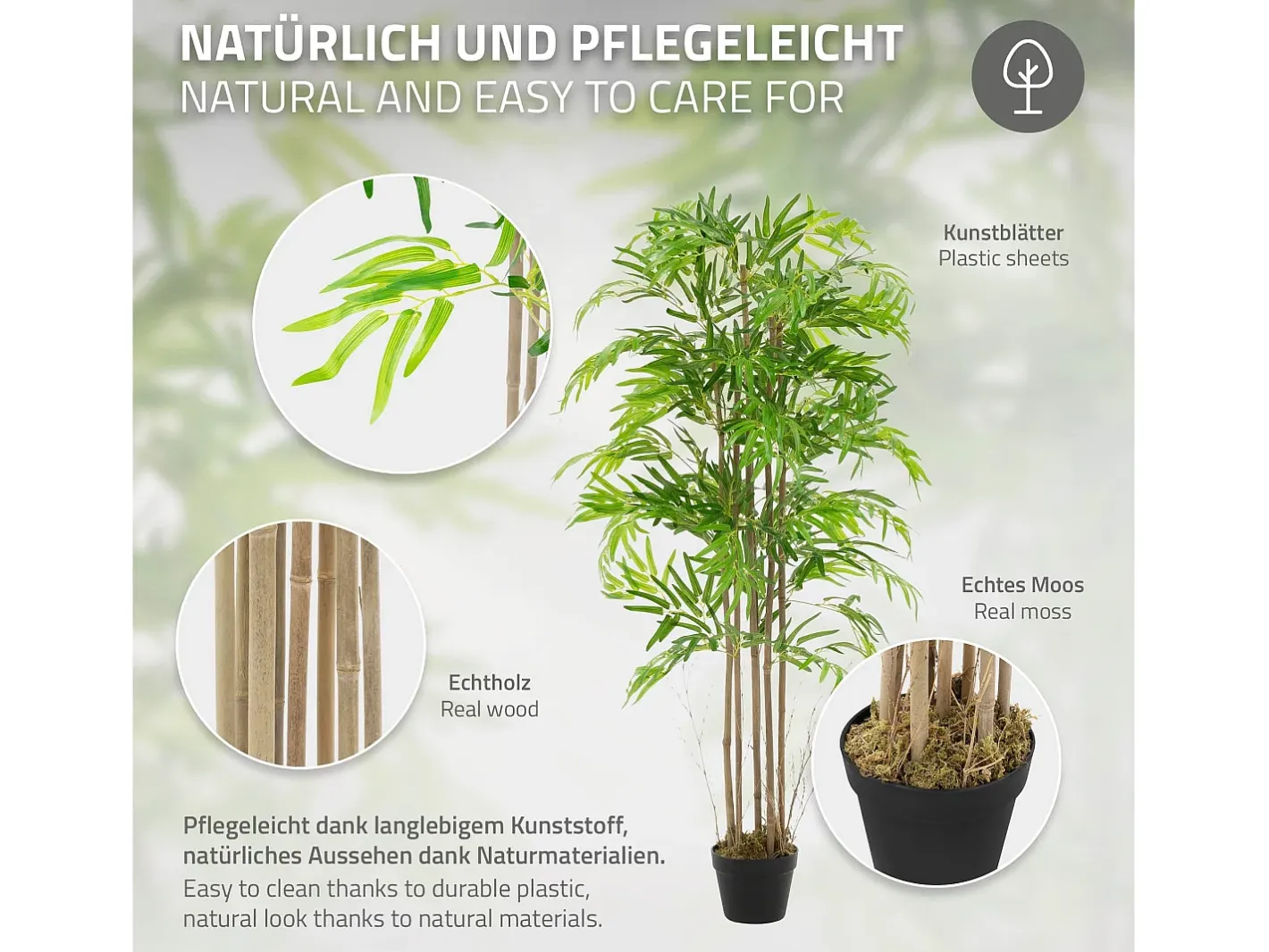 ML-DESIGN Planta Artificial-Bambú artificial 150 cm, Planta artificial grande, Planta artificial con tallo de madera auténtica Verde