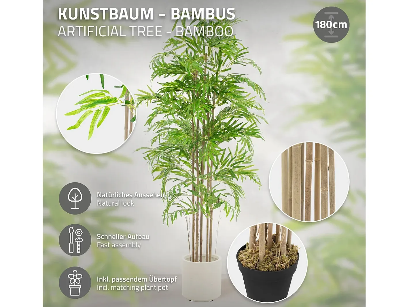 ML-DESIGN Bambú artificial 180 cm, Planta artificial grande, Planta artificial con tallo de madera auténtica Verde