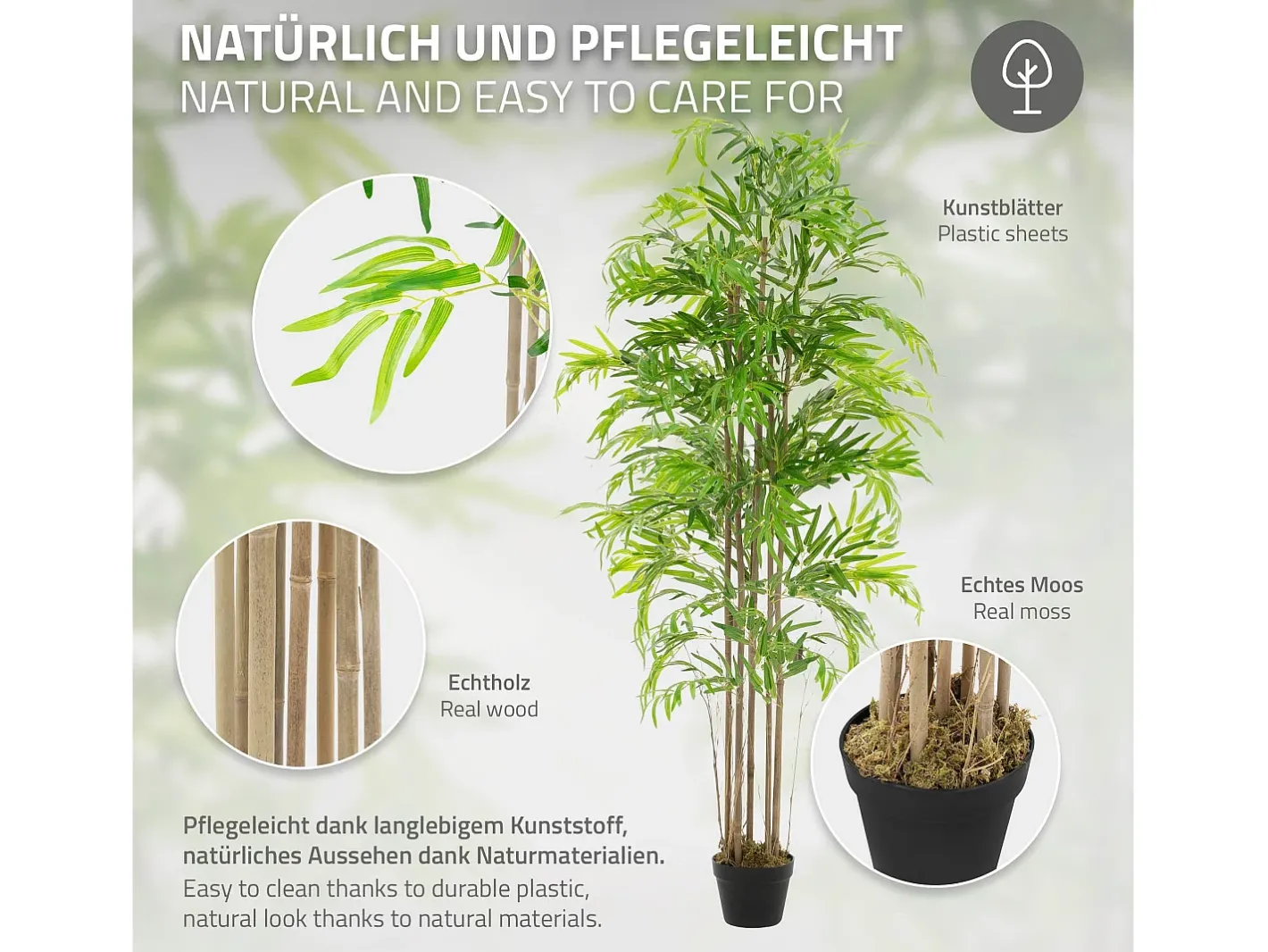 ML-DESIGN Bambú artificial 180 cm, Planta artificial grande, Planta artificial con tallo de madera auténtica Verde