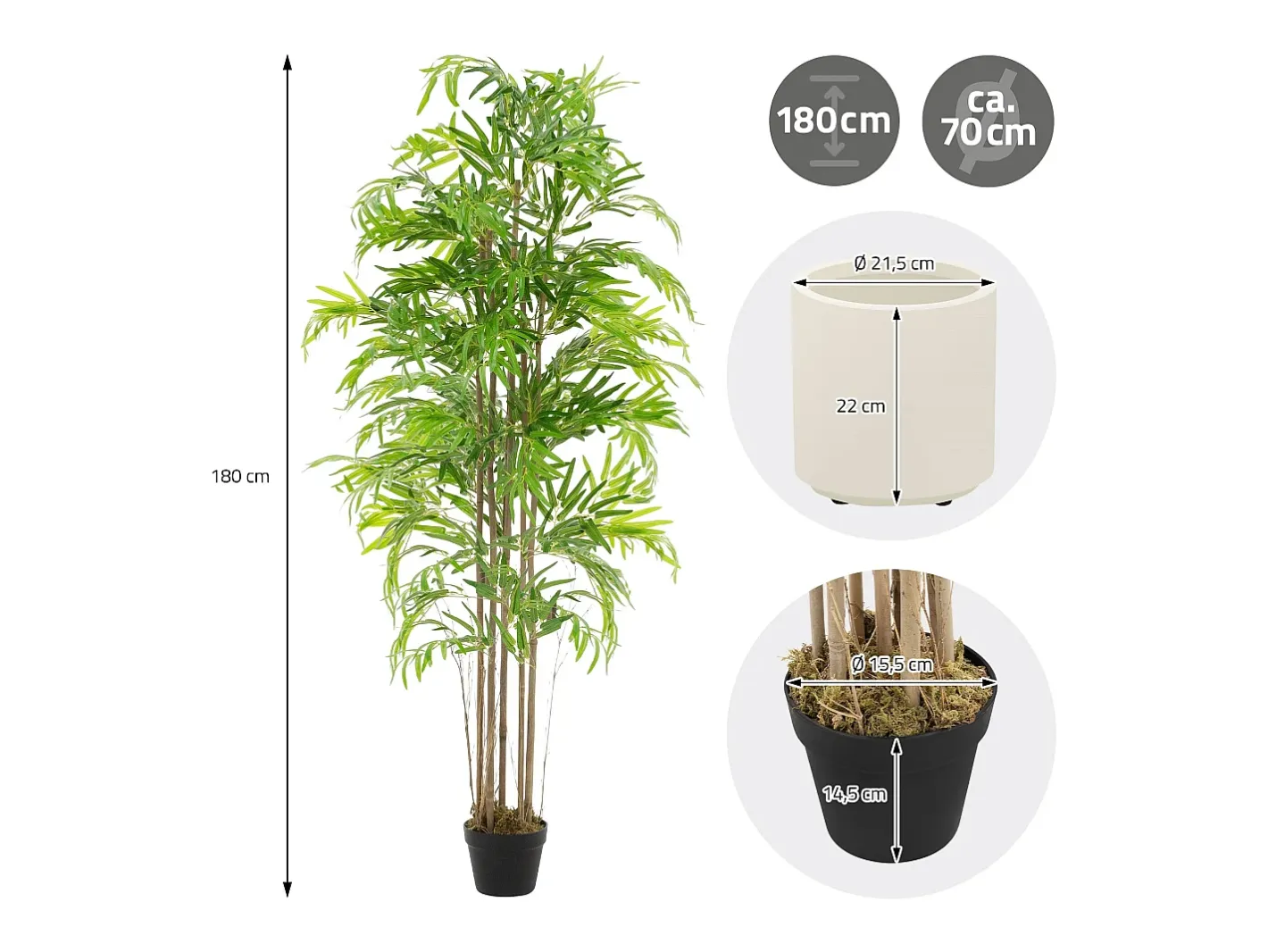 ML-DESIGN Bambú artificial 180 cm, Planta artificial grande, Planta artificial con tallo de madera auténtica Verde