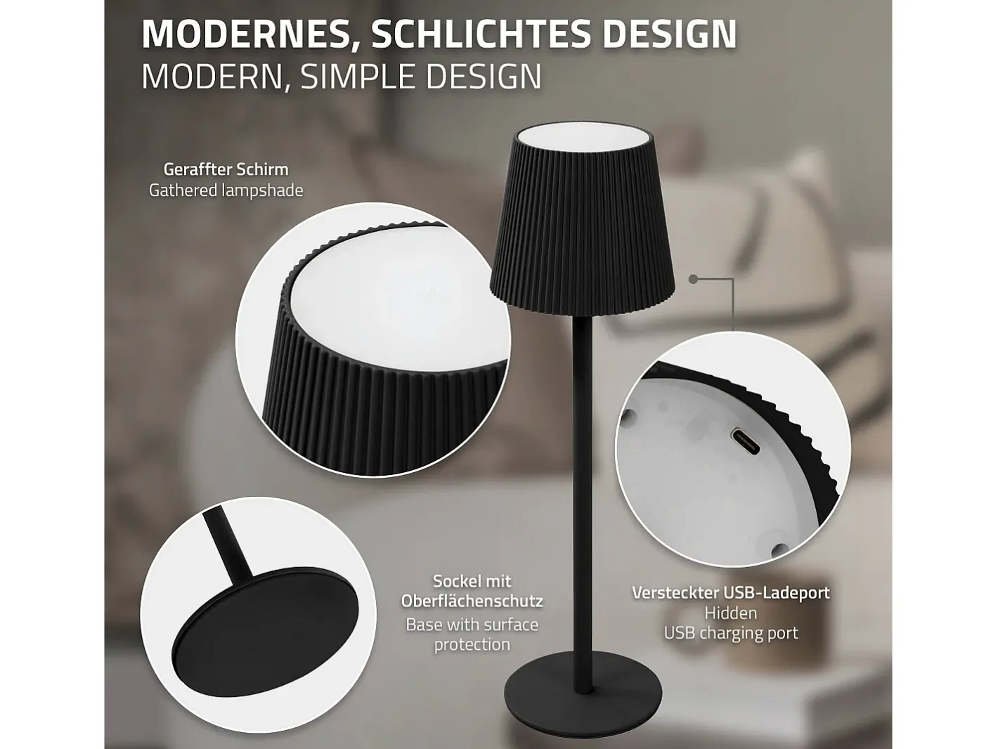 ML-Design Lámpara de mesa LED negra táctil inalámbrica ø10x36cm luz blanca cálida regulable, recargable USB-C, para mesita, escritorio o estudio Negro