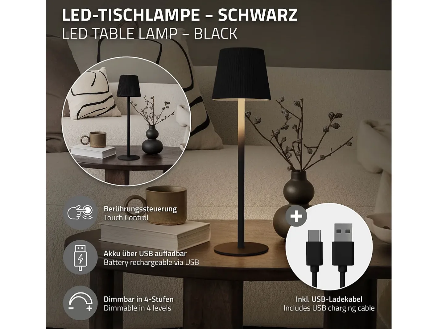 ML-Design Lámpara de mesa LED negra táctil inalámbrica ø10x36cm luz blanca cálida regulable, recargable USB-C, para mesita, escritorio o estudio Negro