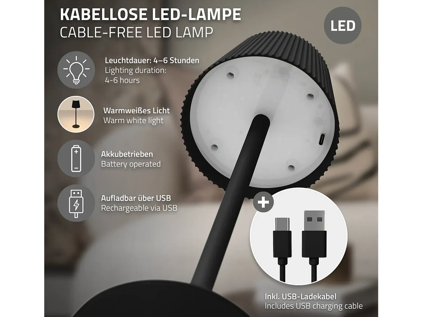 ML-Design Lámpara de mesa LED negra táctil inalámbrica ø10x36cm luz blanca cálida regulable, recargable USB-C, para mesita, escritorio o estudio Negro