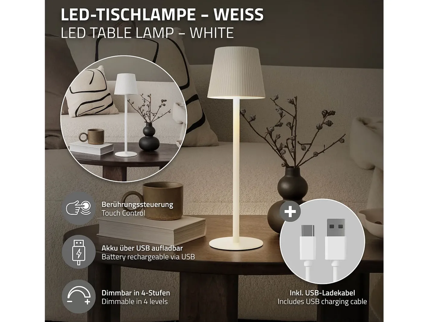 Lámpara De Mesa-ML-Design Lámpara de mesa LED blanca táctil inalámbrica ø10x36cm luz blanca cálida regulable, recargable USB-C, para mesita, escritorio o estudio Blanco