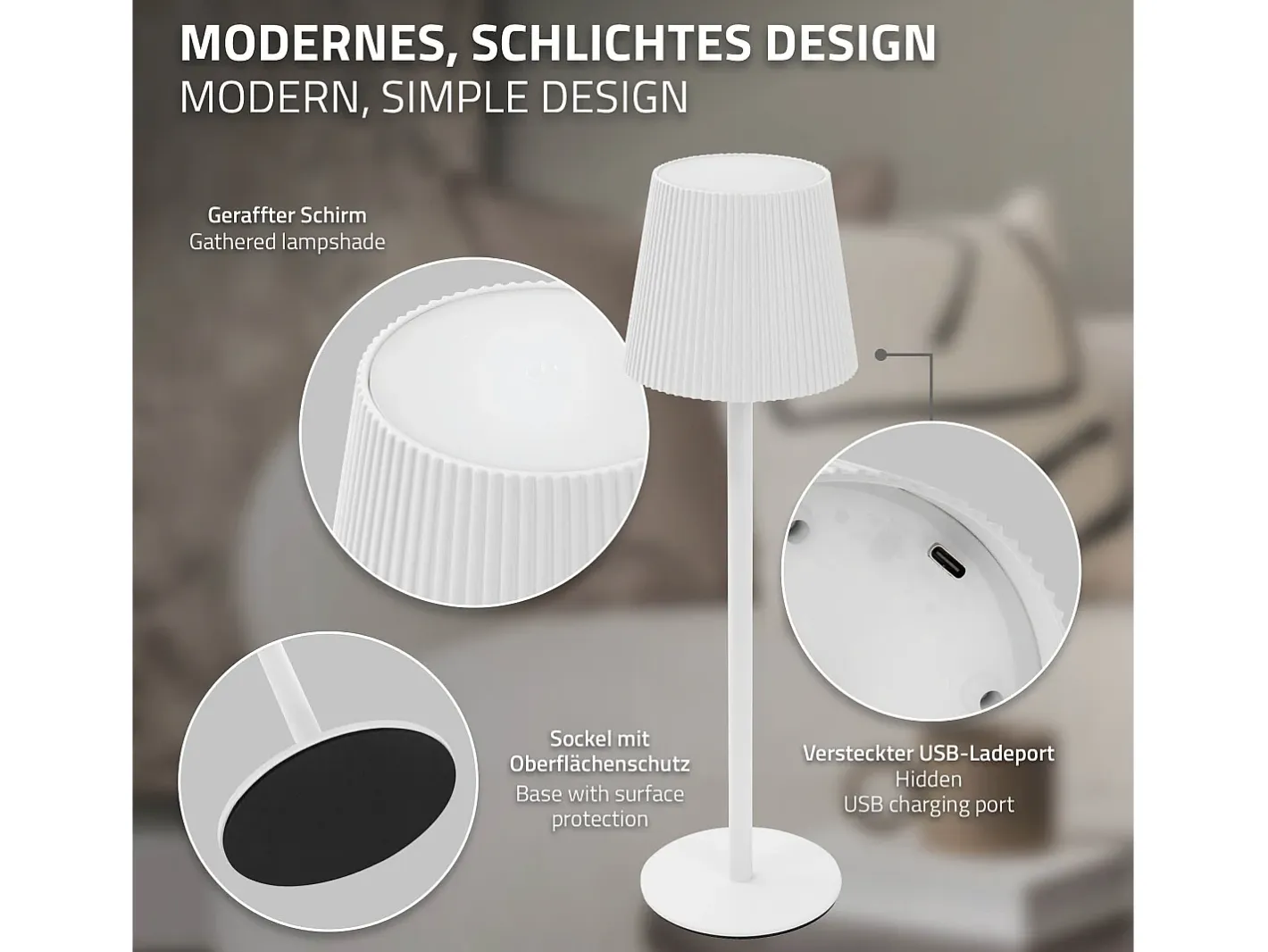 Lámpara De Mesa-ML-Design Lámpara de mesa LED blanca táctil inalámbrica ø10x36cm luz blanca cálida regulable, recargable USB-C, para mesita, escritorio o estudio Blanco