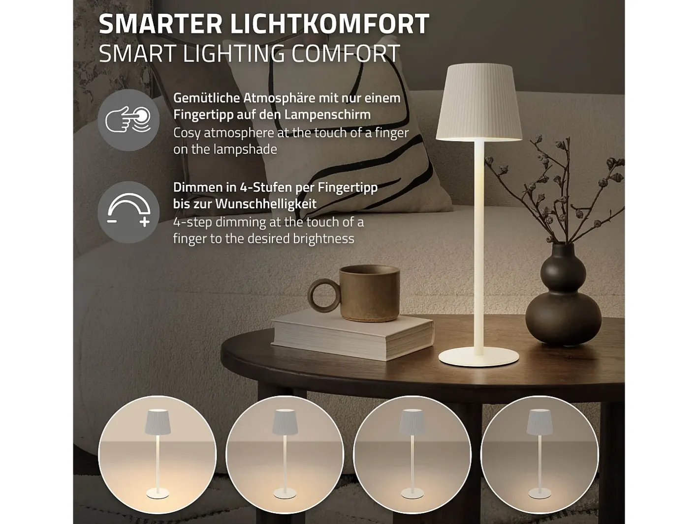 Lámpara De Mesa-ML-Design Lámpara de mesa LED blanca táctil inalámbrica ø10x36cm luz blanca cálida regulable, recargable USB-C, para mesita, escritorio o estudio Blanco