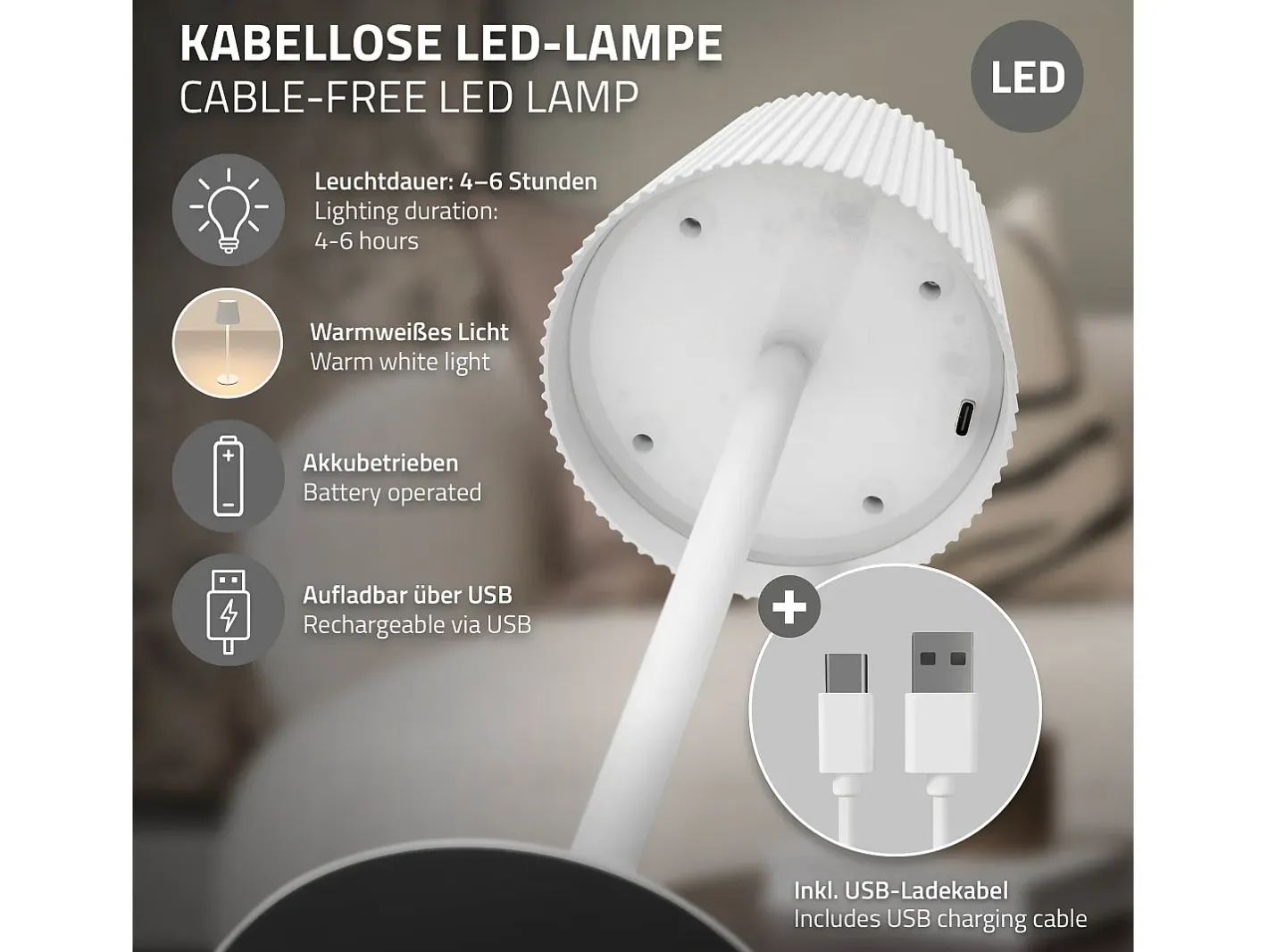 Lámpara De Mesa-ML-Design Lámpara de mesa LED blanca táctil inalámbrica ø10x36cm luz blanca cálida regulable, recargable USB-C, para mesita, escritorio o estudio Blanco