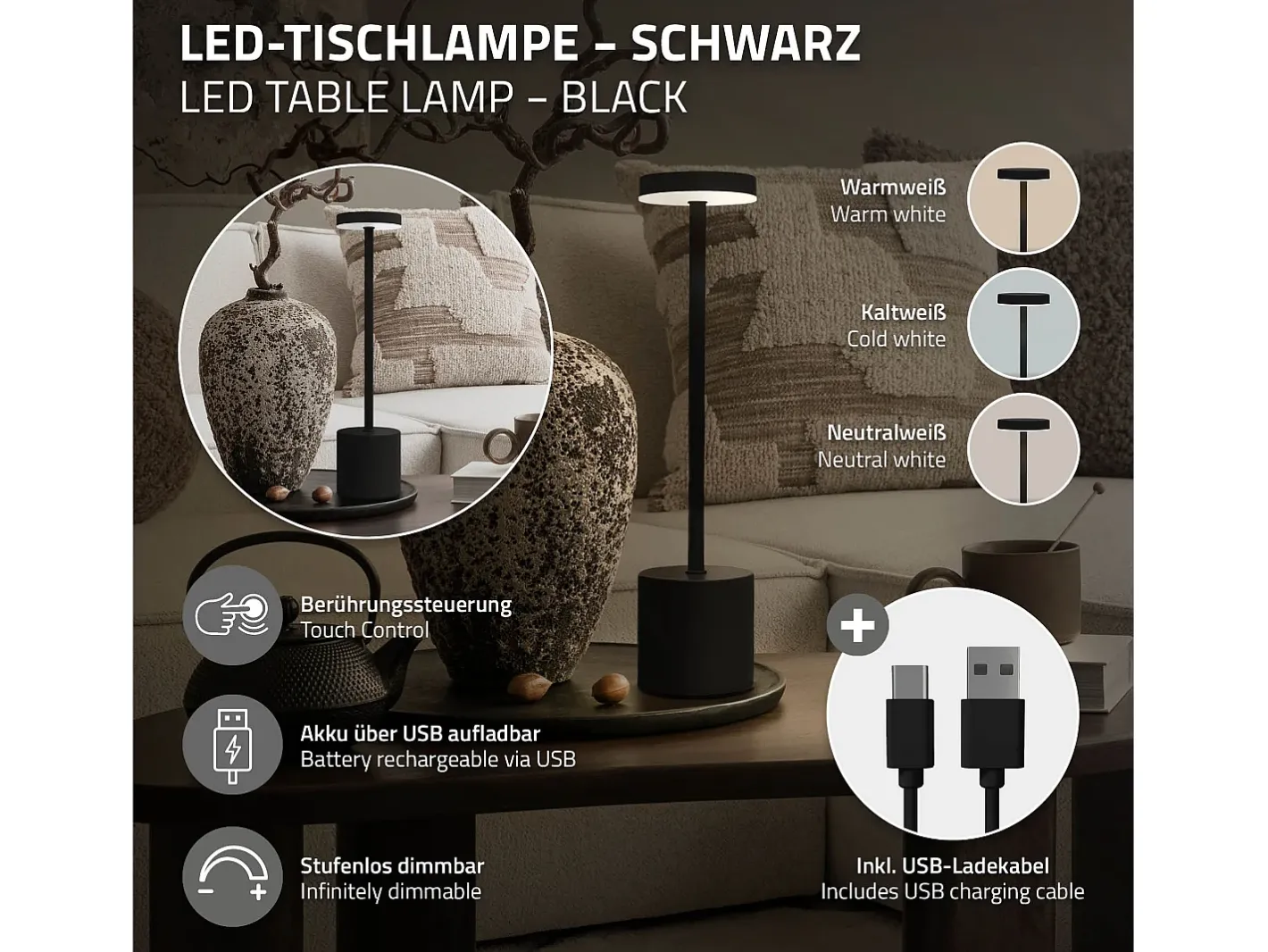ML-Design Lámpara de mesa LED negra táctil inalámbrica Ø8x34,5cm foco de luz blanca regulable, recargable con USB-C para mesita, escritorio o estudio Negro Outlet