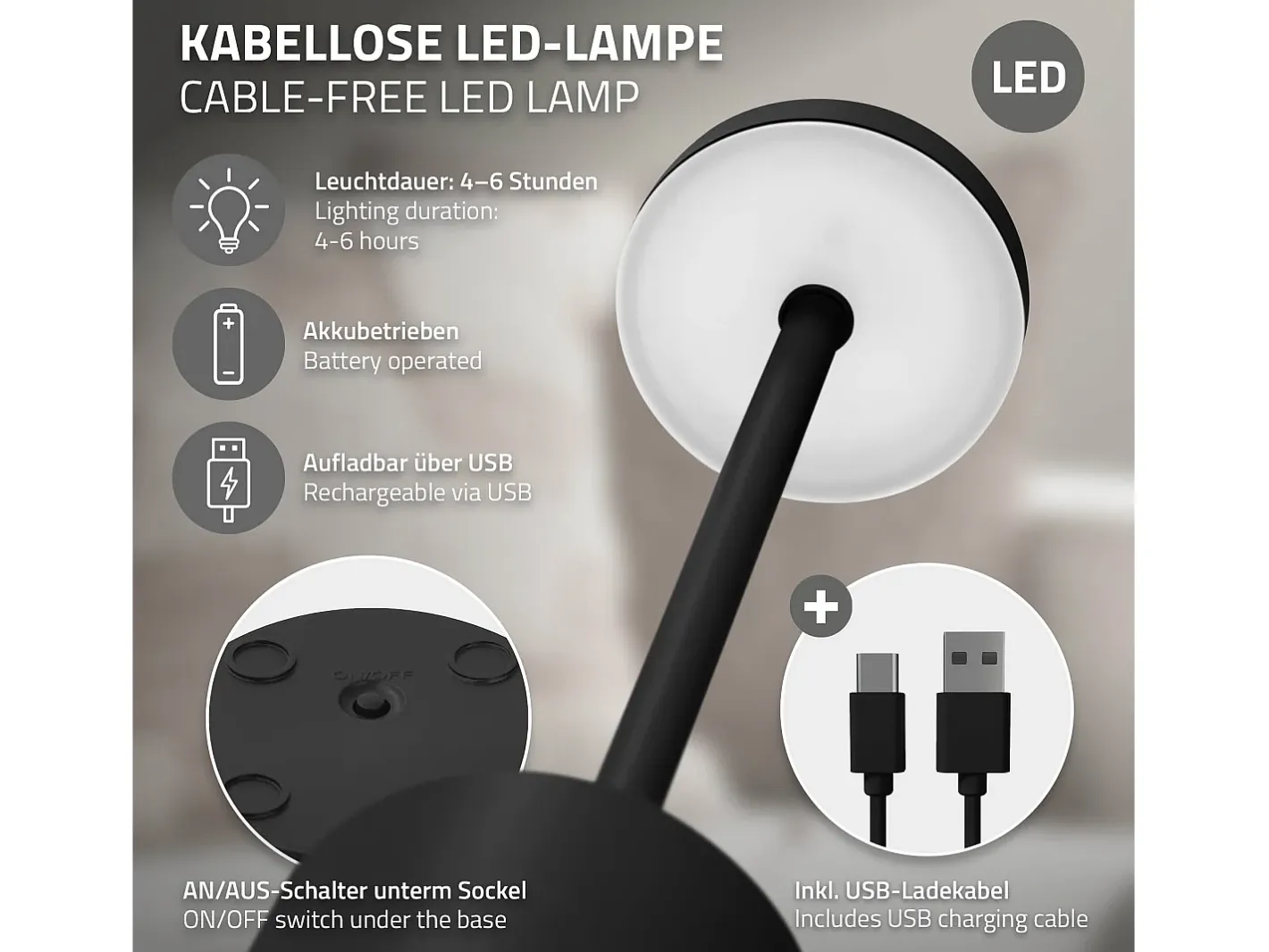 ML-Design Lámpara de mesa LED negra táctil inalámbrica Ø8x34,5cm foco de luz blanca regulable, recargable con USB-C para mesita, escritorio o estudio Negro Outlet
