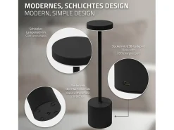 ML-Design Lámpara de mesa LED negra táctil inalámbrica Ø8x34,5cm foco de luz blanca regulable, recargable con USB-C para mesita, escritorio o estudio Negro Outlet
