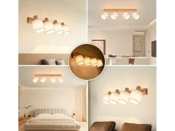 NETTLIFE 4 Focos de techo de salón modernos de madera E14 giratorios 350° MAX.25W Lámpara de pantalla de tela para dormitorio (sin bombilla) Marru00f3n Clearance
