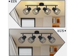 NETTLIFE Plafón-4 Focos Max.25W Techo de Metal 4 Bombillas Giratorias 330° LED E27 Interior para Comedor Cocina Dormitorio Infantil Negro
