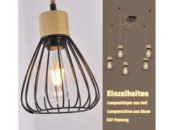 NETTLIFE Lámpara Suspendida-Lámpara colgante para mesa de comedor, lámpara colgante vintage negra para sala de estar, lámpara colgante de 5 llamas, estilo retro, E27 Negro
