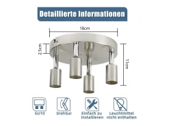 NETTLIFE Plafón-4 puntos LED orientables a 350° GU10 en metal cobre, lámpara moderna para sala, dormitorio, cocina, comedor, pasillo máximo 4x25W Plateado