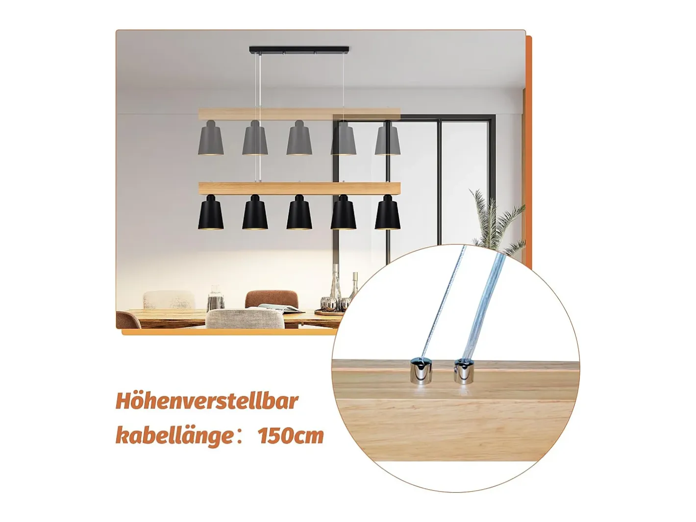 NETTLIFE - Suspensión con 5 bombillas E27 negra, diámetro de 102 cm, moderna, de metal y madera, lámpara para comedor/dormitorio/cocina/vestíbulo. Negro Discount