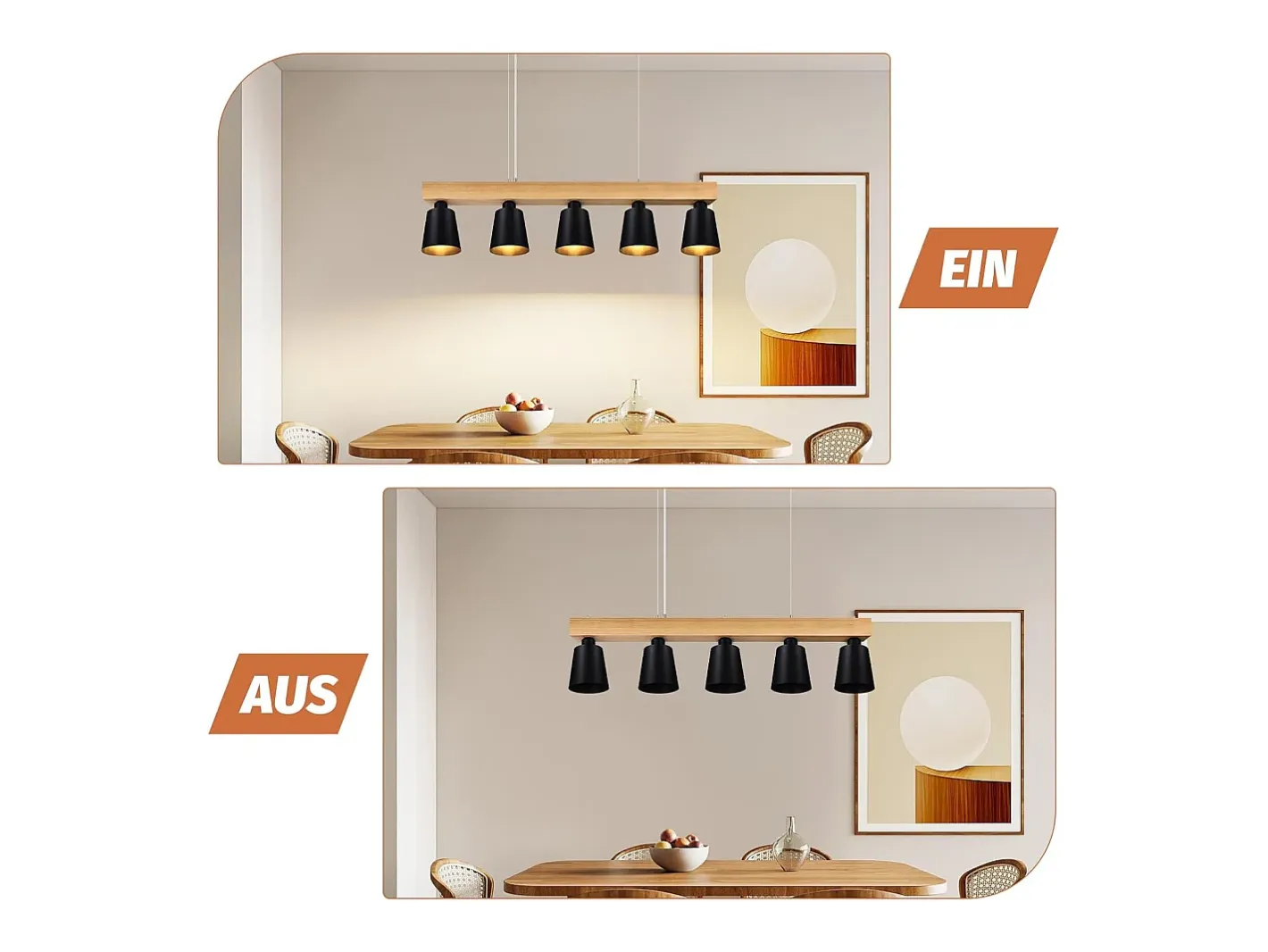 NETTLIFE - Suspensión con 5 bombillas E27 negra, diámetro de 102 cm, moderna, de metal y madera, lámpara para comedor/dormitorio/cocina/vestíbulo. Negro Discount