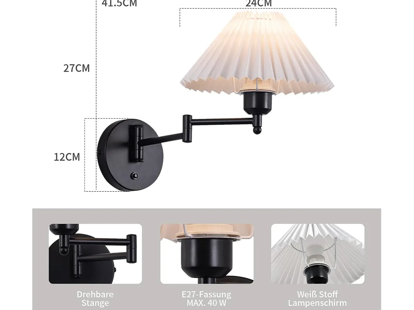 NETTLIFE Aplique Para Pared-Aplicación mural interior vintage: Difusor orientable de pared para iluminación retro E27, 40W.MAX, sin bombilla. Blanco
