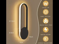 NETTLIFE Aplique LED de pared para interiores - Lámpara de escalera de 12 W, 41 cm, diseño moderno, color , 3000 K Negro