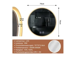 NETTLIFE Espejo-Espejo con iluminación redonda Espejo de pared LED IP44 redondo 70cm con función de espejo táctil iluminado con luz regulable Transparente