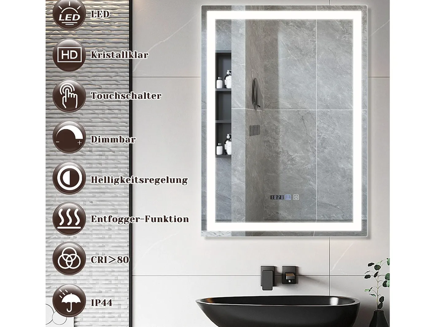 Best NETTLIFE Espejo de baño con luz LED - 60x80 cm LED, mural, IP44, interruptor táctil, reloj, ajustable Transparente